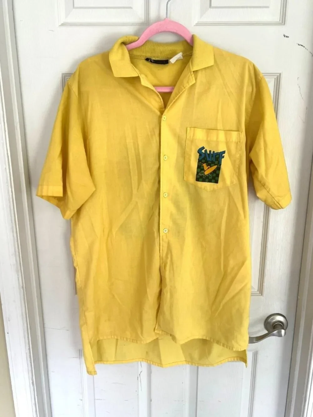 Vintage Electricity Surf City Yellow Short Sleeve Button Down Shirt Men's 80s - Picture 1 of 13